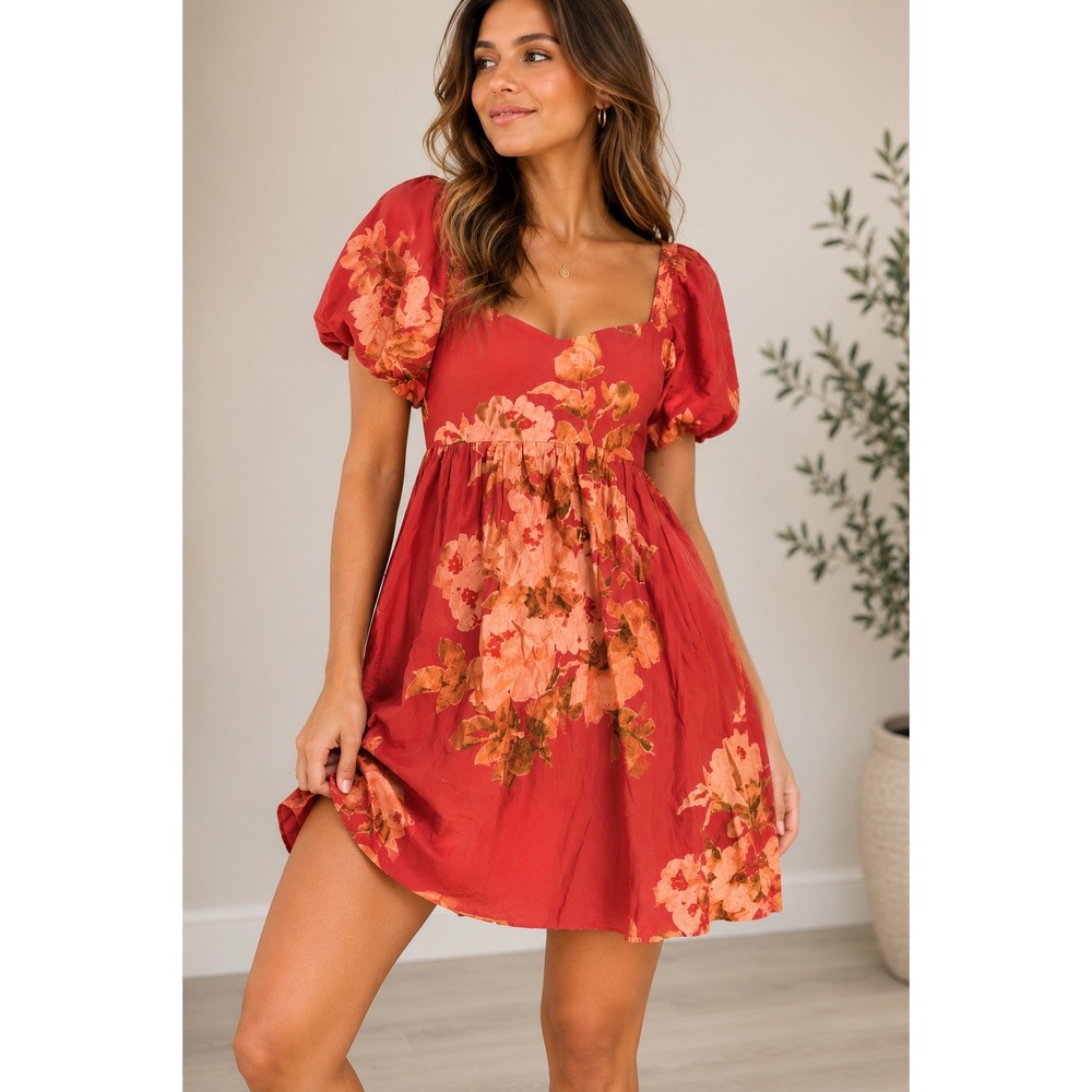 Free People Peony Babydoll Mini Dress Red Floral Puff Sleeve Boho Fall Womens S